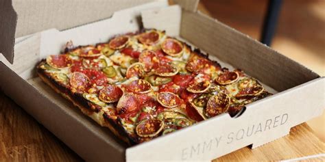 Emmy square pizza - Malnatis) and the Emmy Squared Detroit Style pizza. The results of testing about 8 different style pizzas/toppings from three establishments: The Emmy Squared Detroit Style with the super crispy edges/crust (In both the Emmy and Good Paulie) were a top contender. Unique toppings, sauces and taste. Expensive but worth a try.